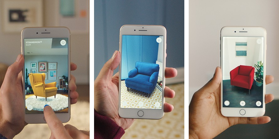 Augmented reality furniture being viewed through the IKEA Place App on a smartphone.
