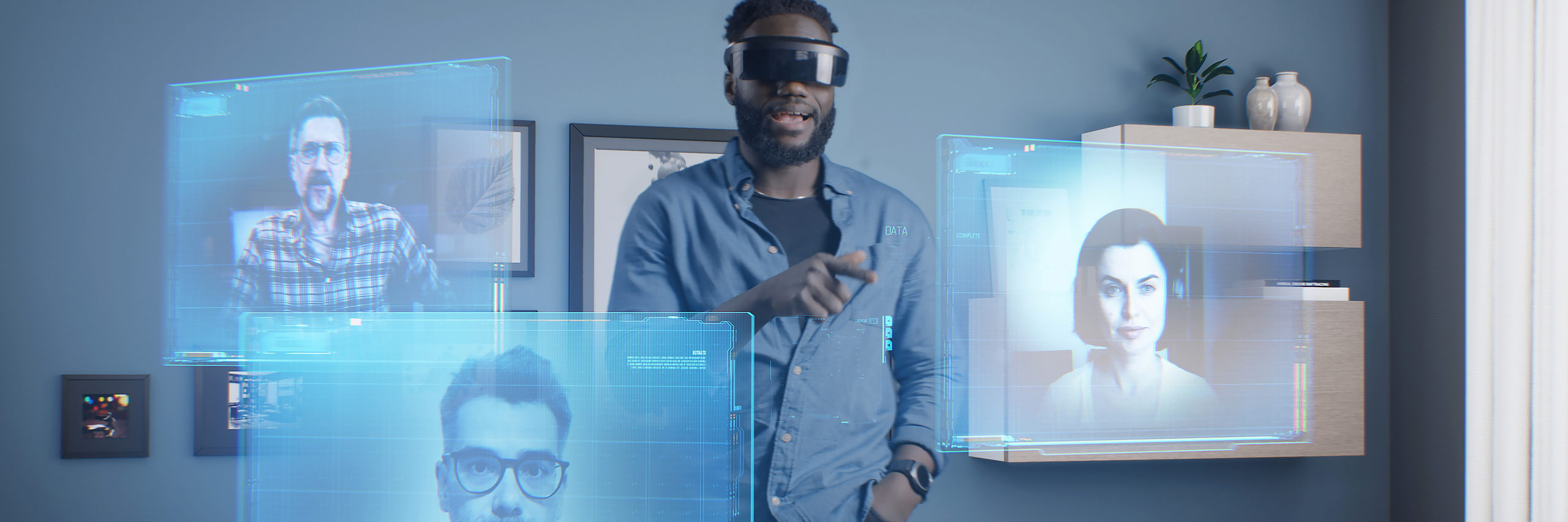 A person wearing an AR headset with digital screens in front of them.