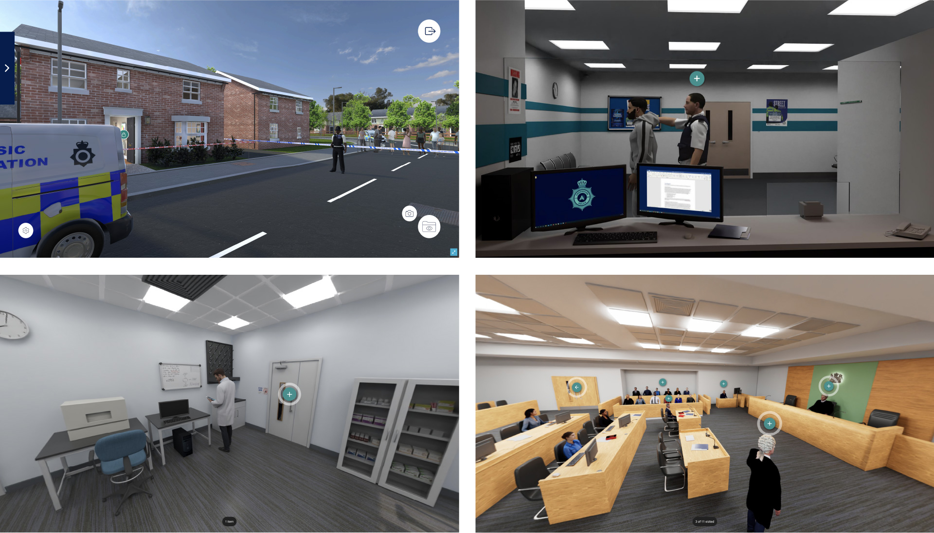 A collage of various scenes from the 3D immersive learning training created for Arden uni.